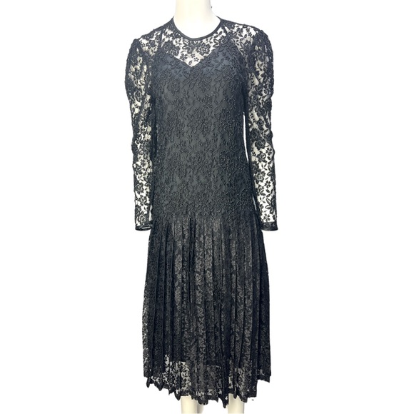 VTG 90's NANCY JOHNSON Black L/S Beaded Pleated Gothic Dress w/ Under Dress Sz 8 - Picture 3 of 16